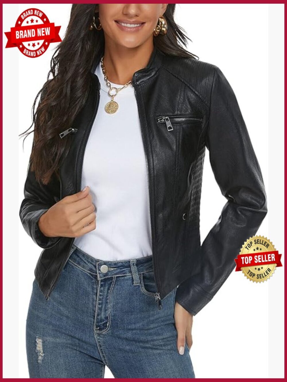 Faux Leather Moto Biker Jacket Womens Slim Fit Vegan PU Coat